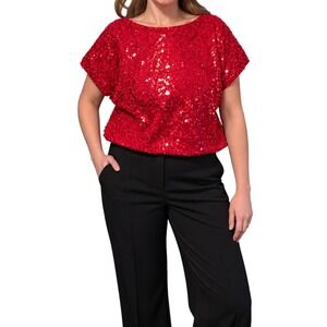 Main Strip Red Sequin Beaded Blouson Top NWT Med. Cap Sleeve Boat Neck